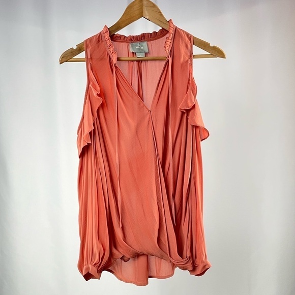 Maeve by Anthropologie Cold Shoulder Sheer Long Sleeve Blouse in Rose Size Small - Picture 2 of 7